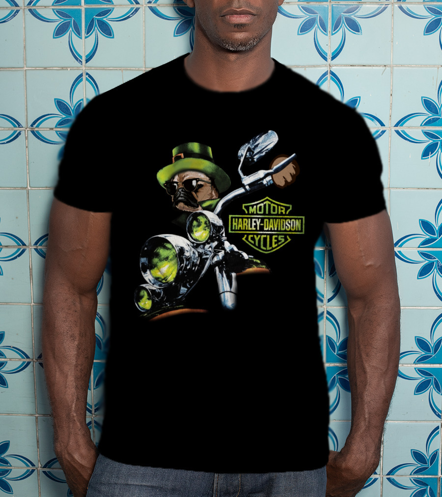 Harley Davidson Motorcycles Pug Riding St Patrick's Day T-Shirt