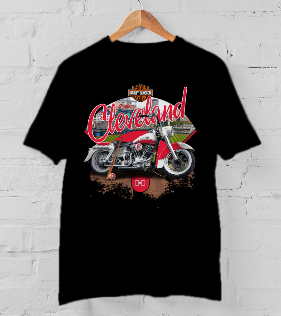Cleveland Harley Davidson Indians Baseball Motorcycle Scene T-Shirt