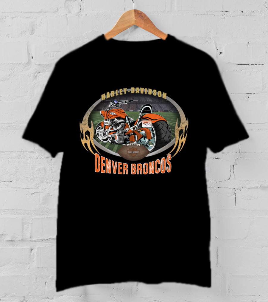 Denver Broncos Harley Davidson Motorcycle Football T-Shirt