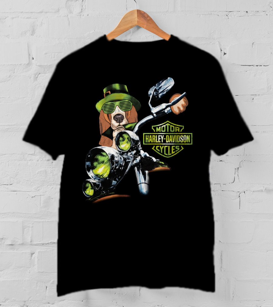 Basset Hound Harley Davidson Motorcycles Green Hat And Glasses Biker T-Shirt