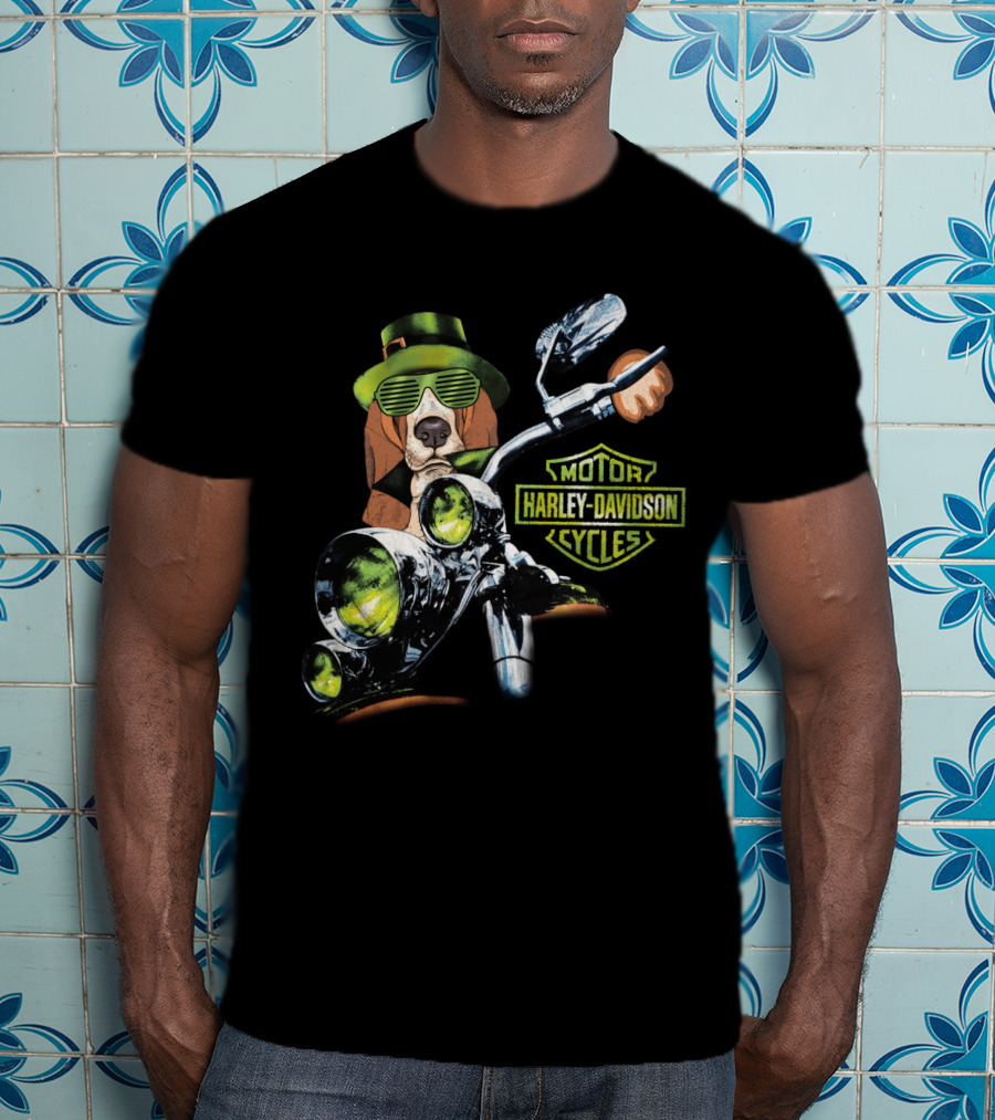 Basset Hound Harley Davidson Motorcycles Green Hat And Glasses Biker T-Shirt