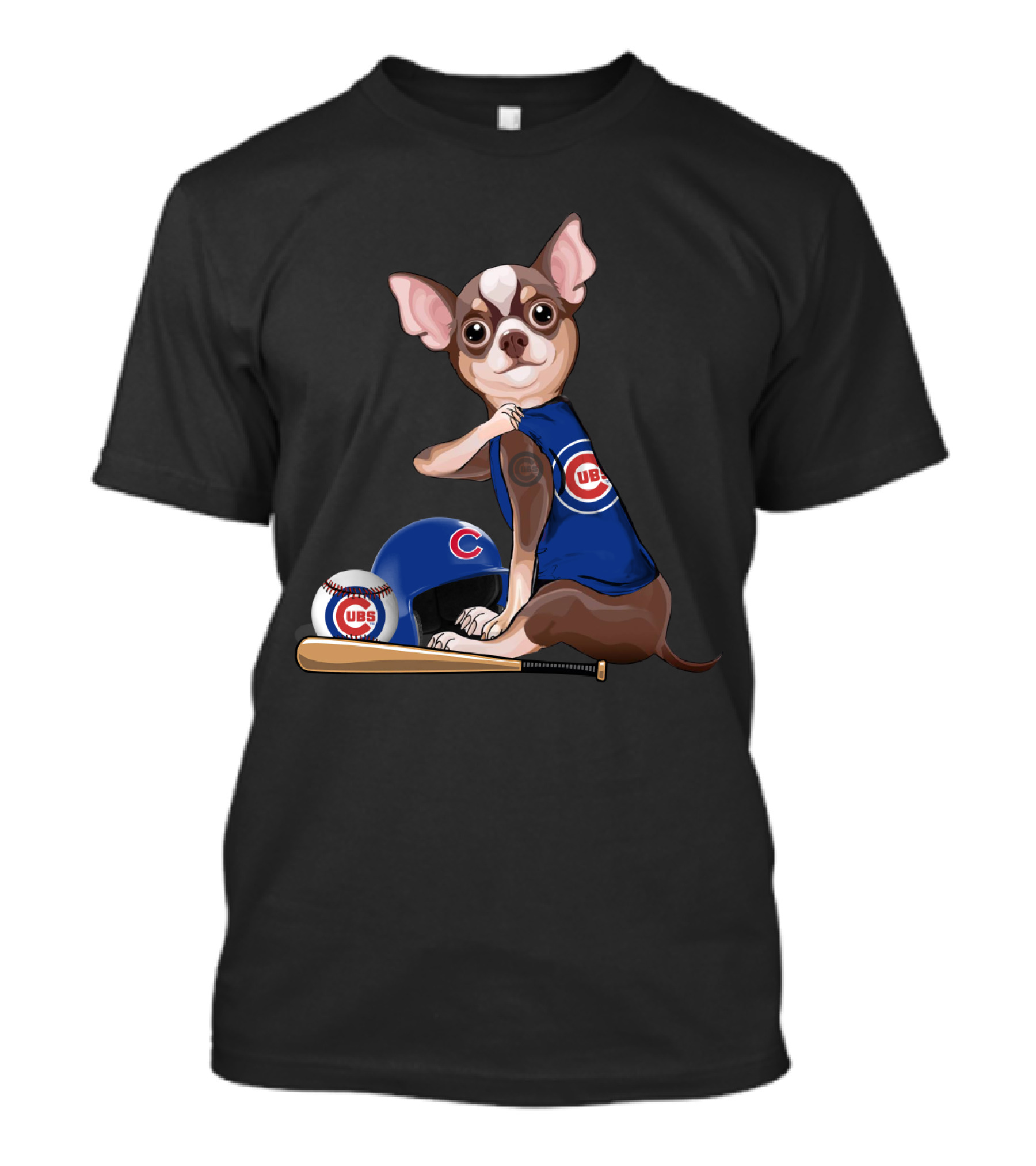 Chicago Cubs Chihuahua Baseball Fan With Helmet And Bat T-Shirt