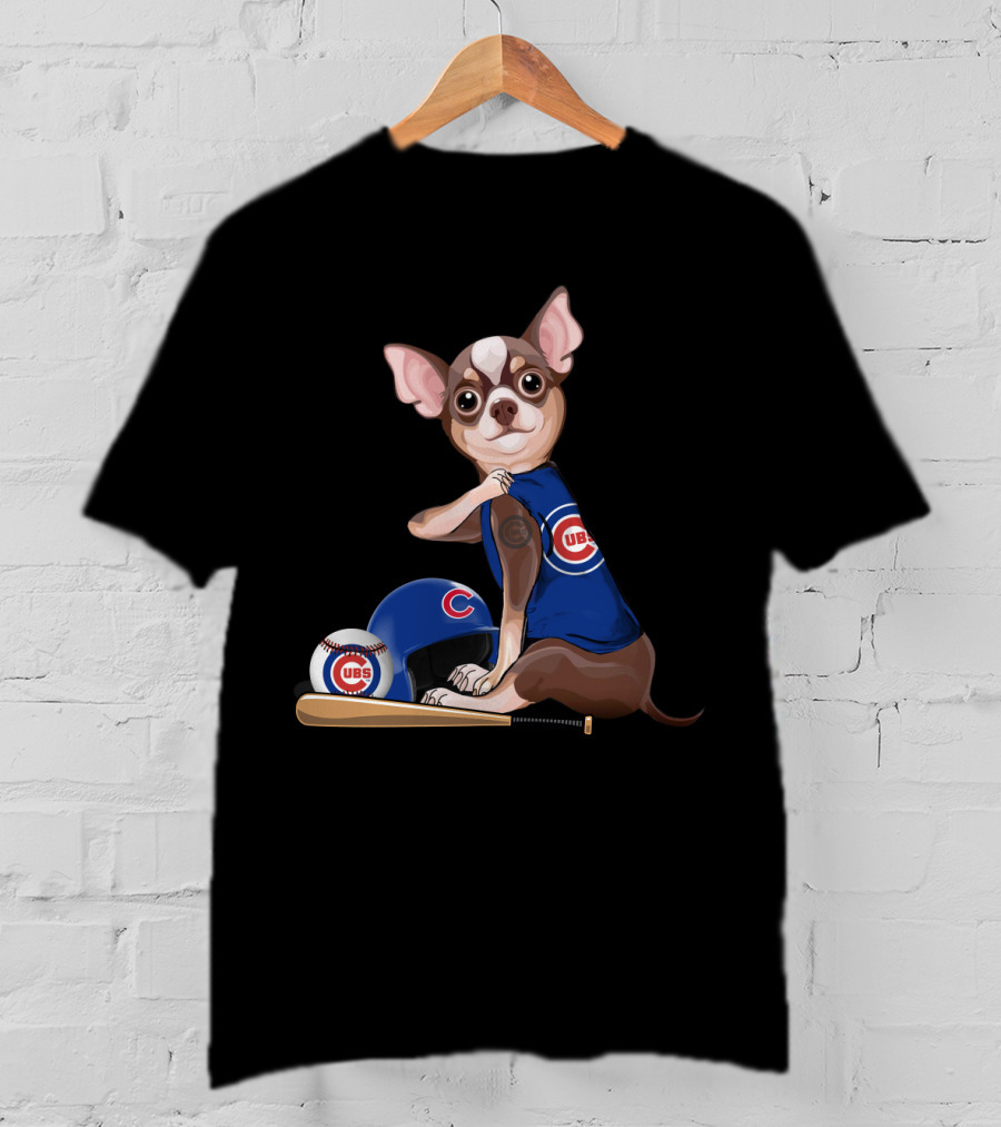 Chicago Cubs Chihuahua Baseball Fan With Helmet And Bat T-Shirt