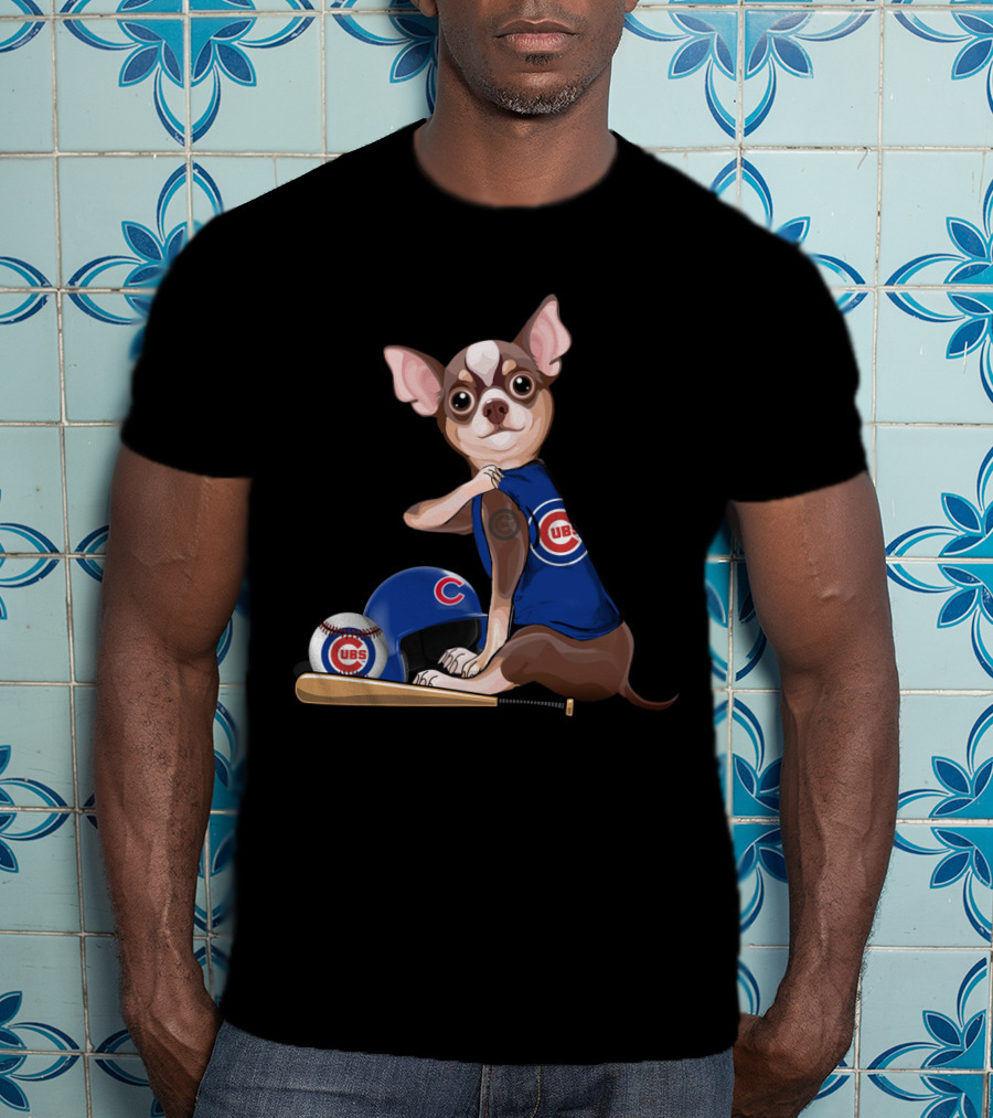 Chicago Cubs Chihuahua Baseball Fan With Helmet And Bat T-Shirt