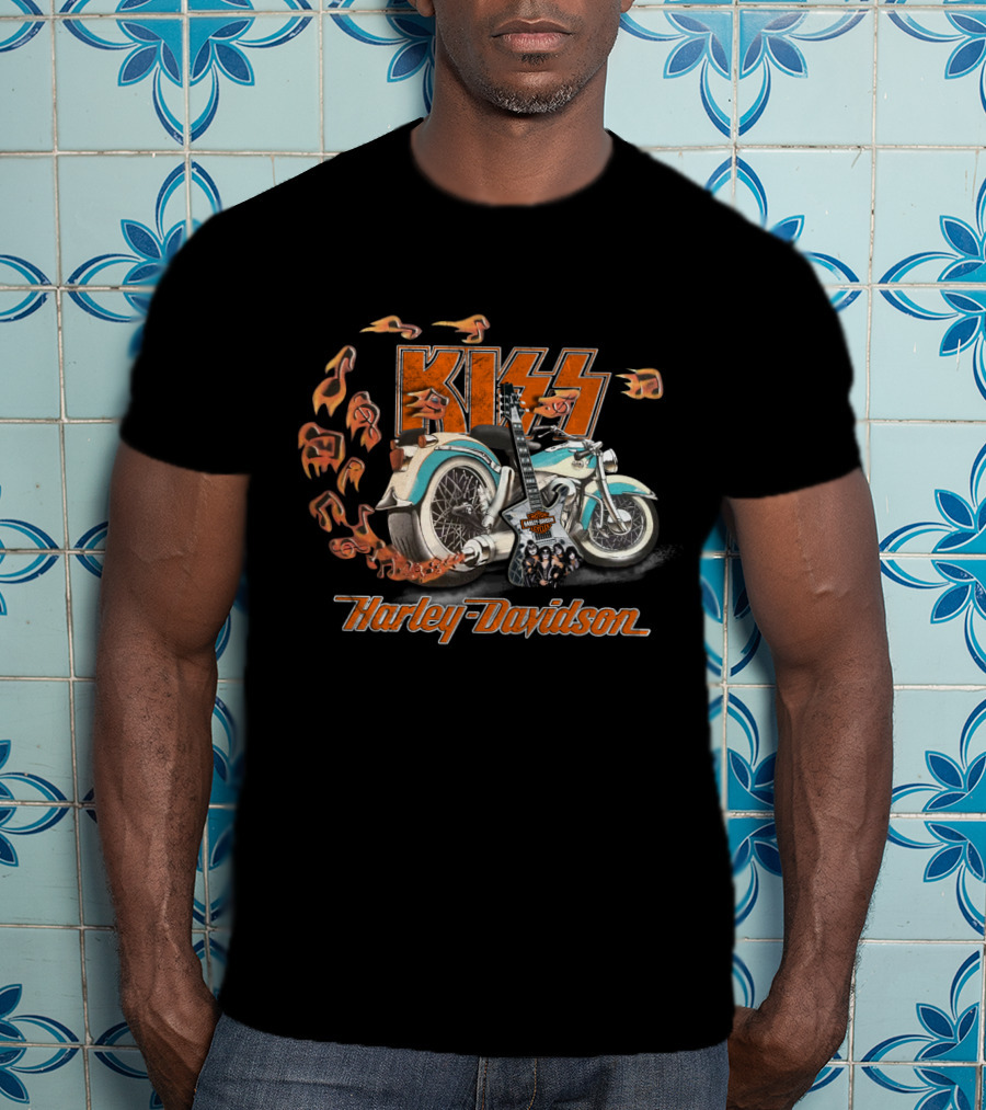 Kiss Harley Davidson Motorcycle With Flames And Guitar T-Shirt