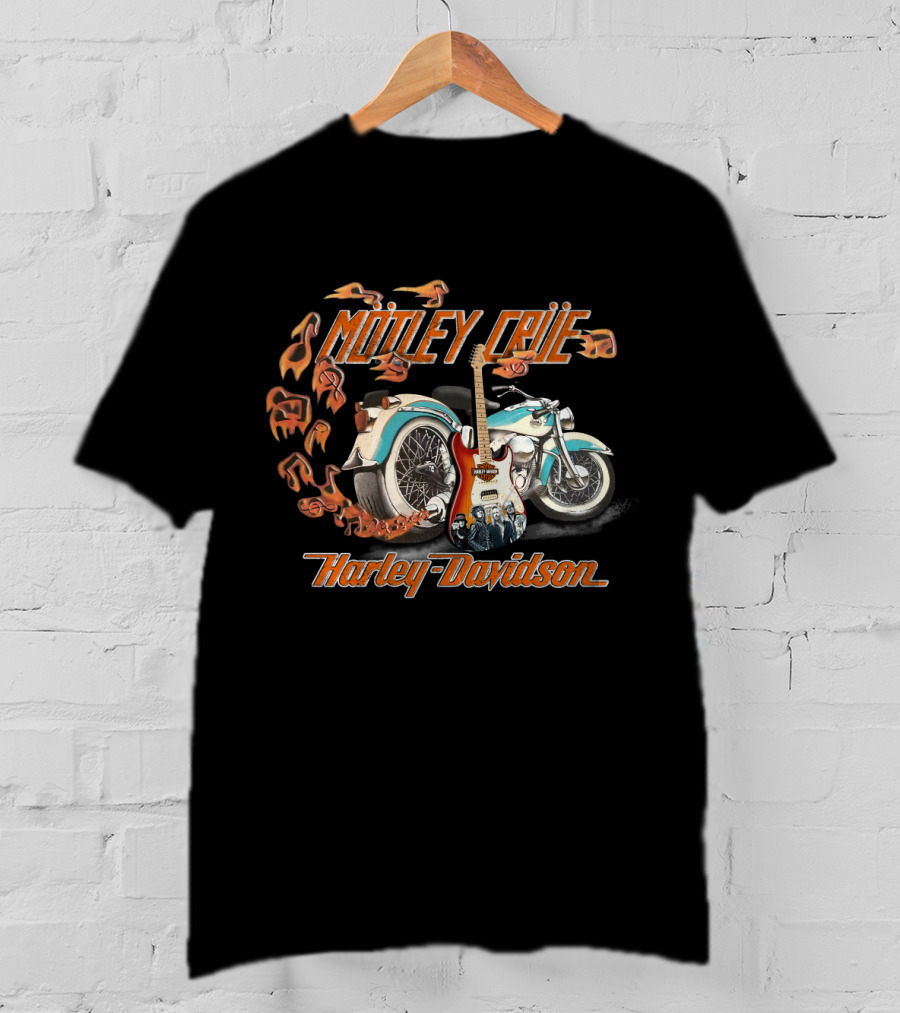 Motley Crue Harley Davidson Motorcycle With Electric Guitar And Flames T-Shirt