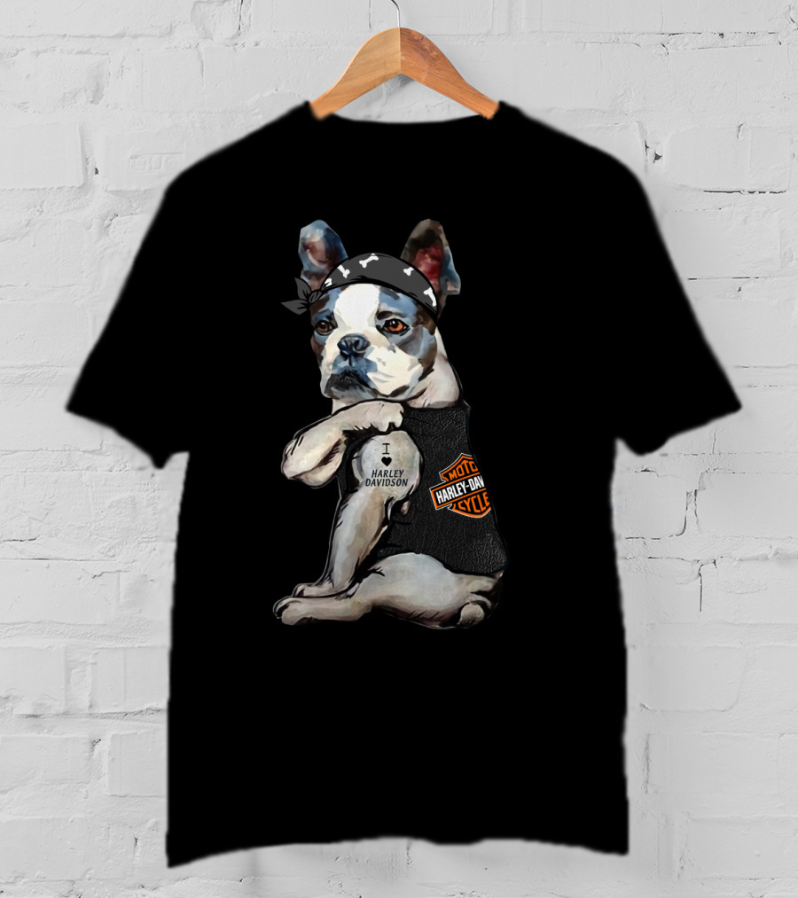 I Love Harley Davidson Boston Terrier Motorcycle Rider Theme T-Shirt