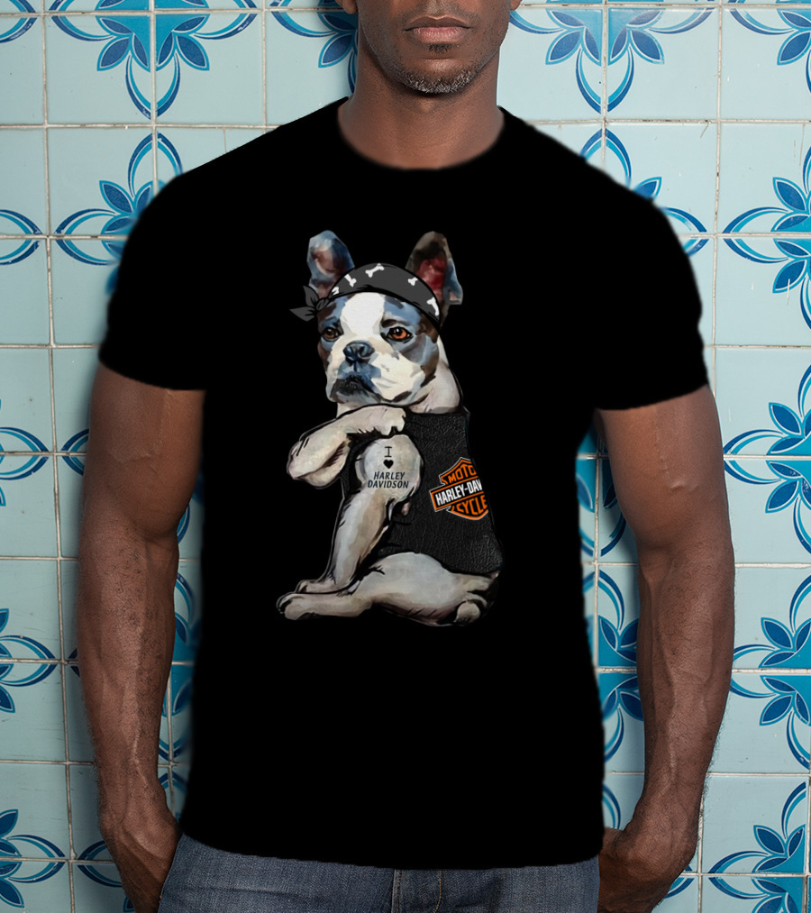 I Love Harley Davidson Boston Terrier Motorcycle Rider Theme T-Shirt