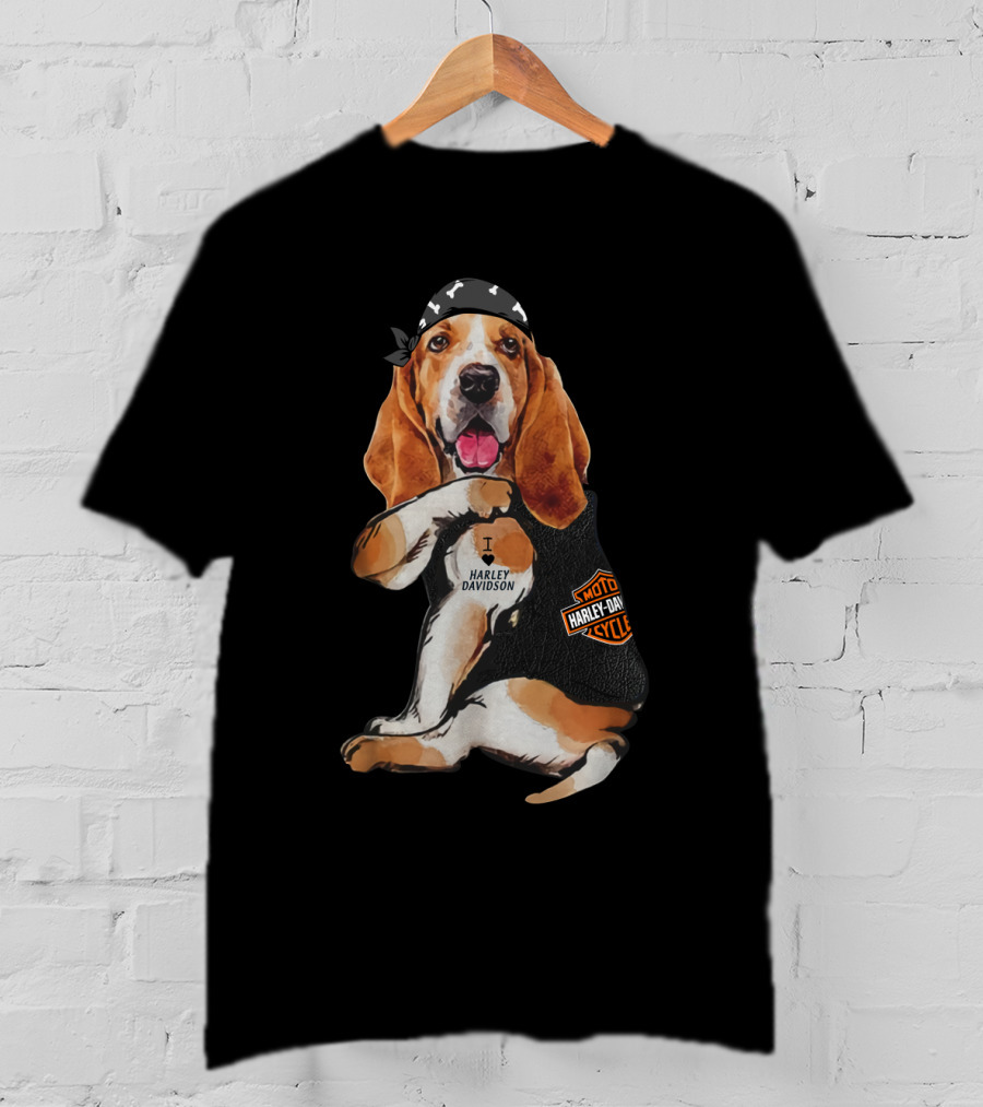 Basset Hound Harley Davidson Fan With Motorcycles Bandana T-Shirt