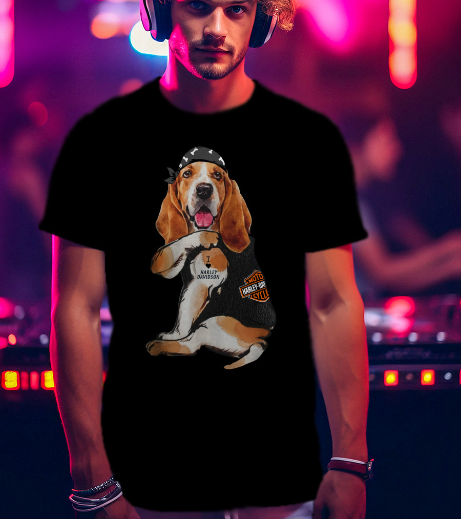Basset Hound Harley Davidson Fan With Motorcycles Bandana T-Shirt