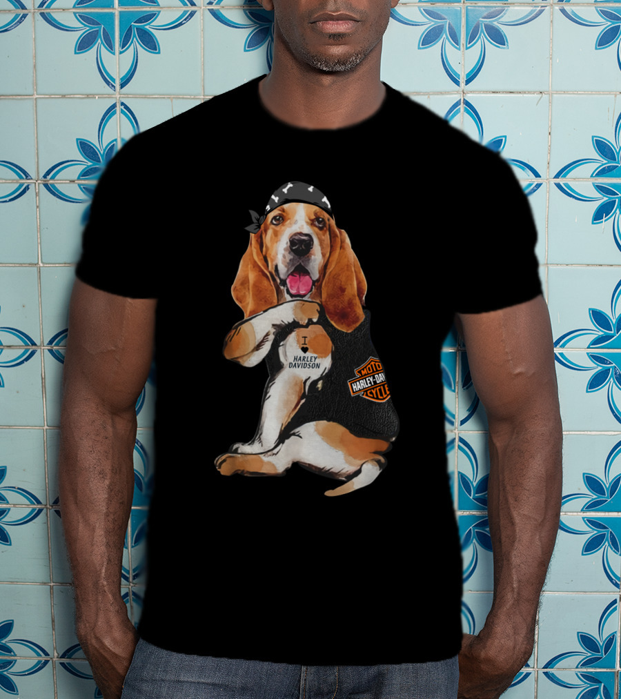 Basset Hound Harley Davidson Fan With Motorcycles Bandana T-Shirt