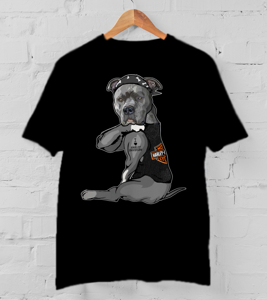 Harley Davidson Pitbull Wearing Bandana And Vest T-Shirt