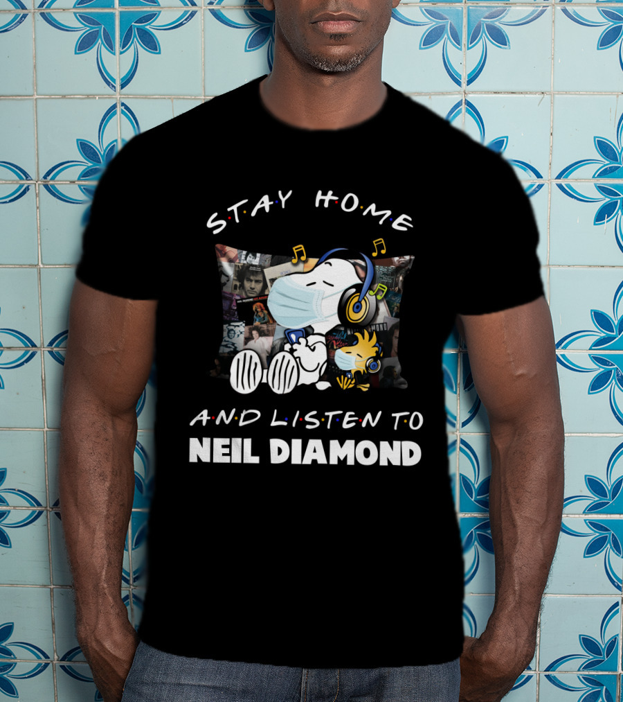 Stay Home And Listen To Neil Diamond With Snoopy Masked And Headphones T-Shirt