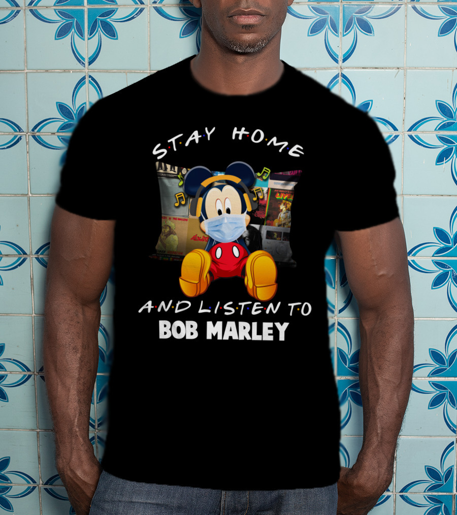 Stay Home And Listen To Bob Marley Mickey Mouse Masked Headphones T-Shirt