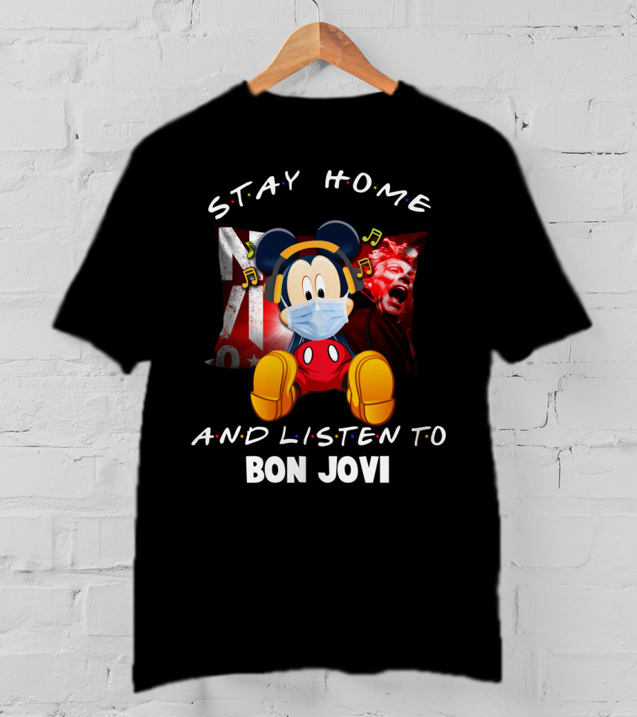 Stay Home And Listen To Bon Jovi Mickey Mouse Masked Music Notes T-Shirt