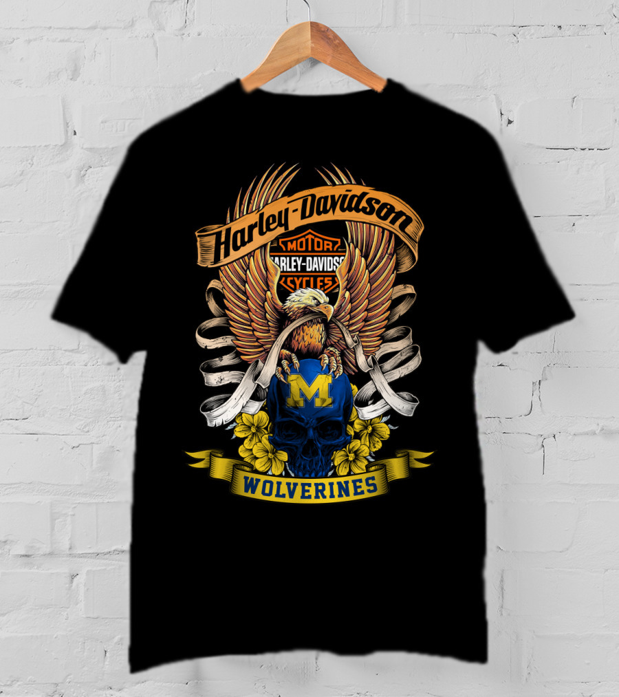 Harley Davidson Motor Cycles Wolverines 49Hd Eagle And Skull T-Shirt