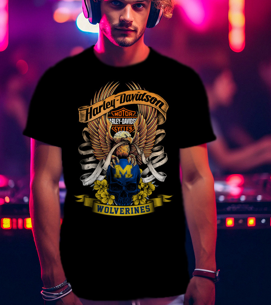 Harley Davidson Motor Cycles Wolverines 49Hd Eagle And Skull T-Shirt