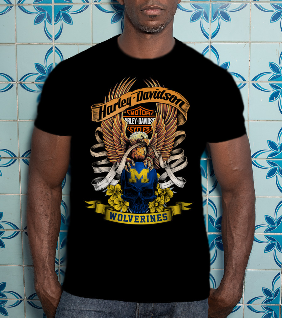 Harley Davidson Motor Cycles Wolverines 49Hd Eagle And Skull T-Shirt