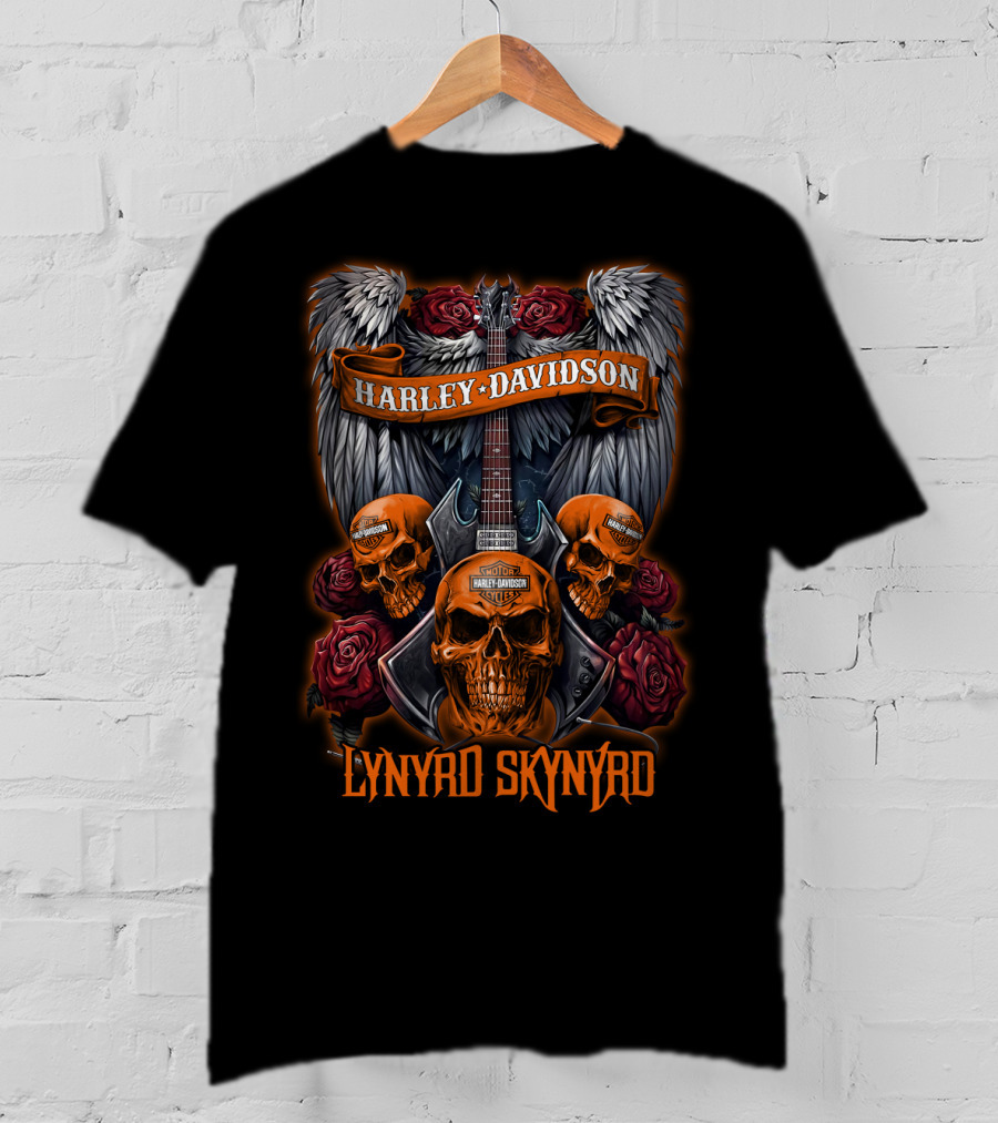 Lynyrd Skynyrd Harley Davidson Skull Guitar Wings Roses T-Shirt