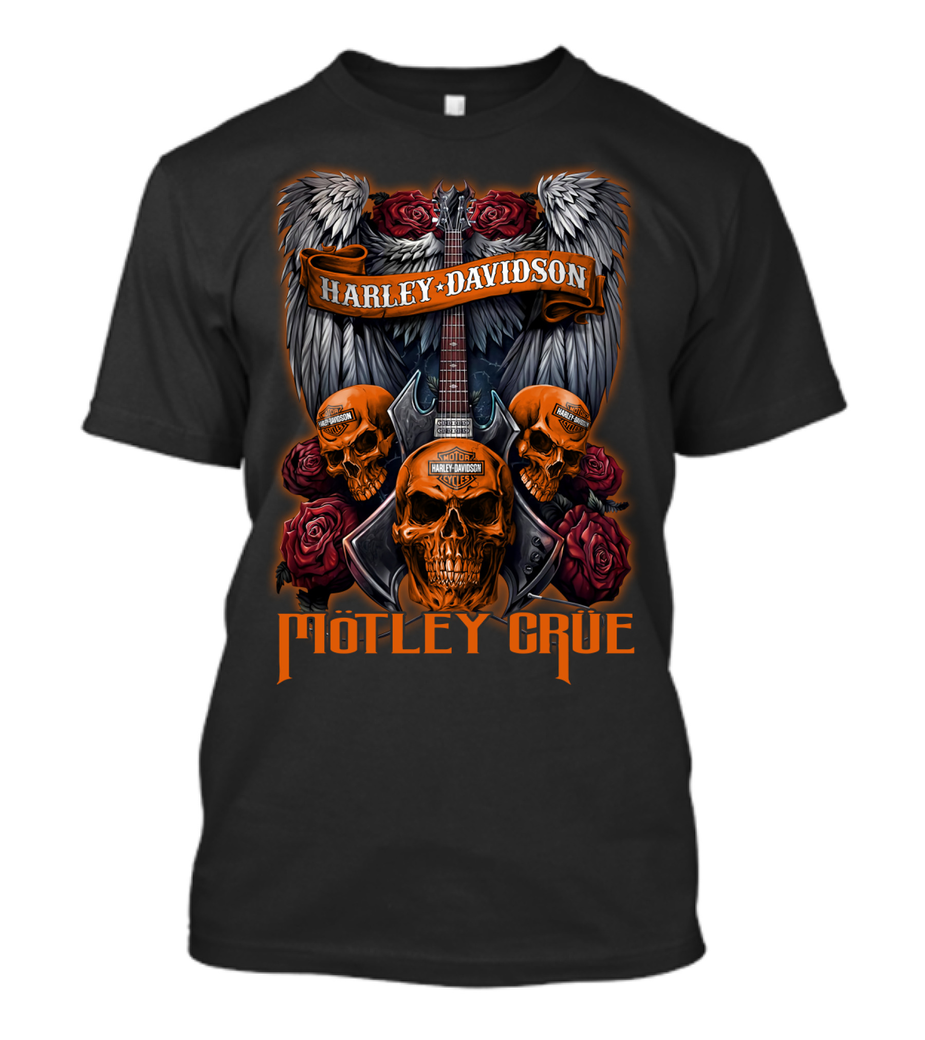 Mötley Crüe Harley Davidson Skulls And Guitar Wings Roses T-Shirt