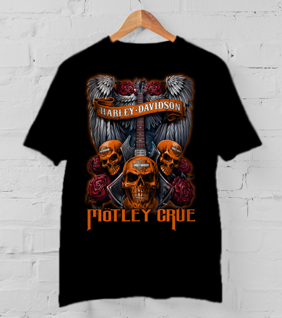 Mötley Crüe Harley Davidson Skulls And Guitar Wings Roses T-Shirt