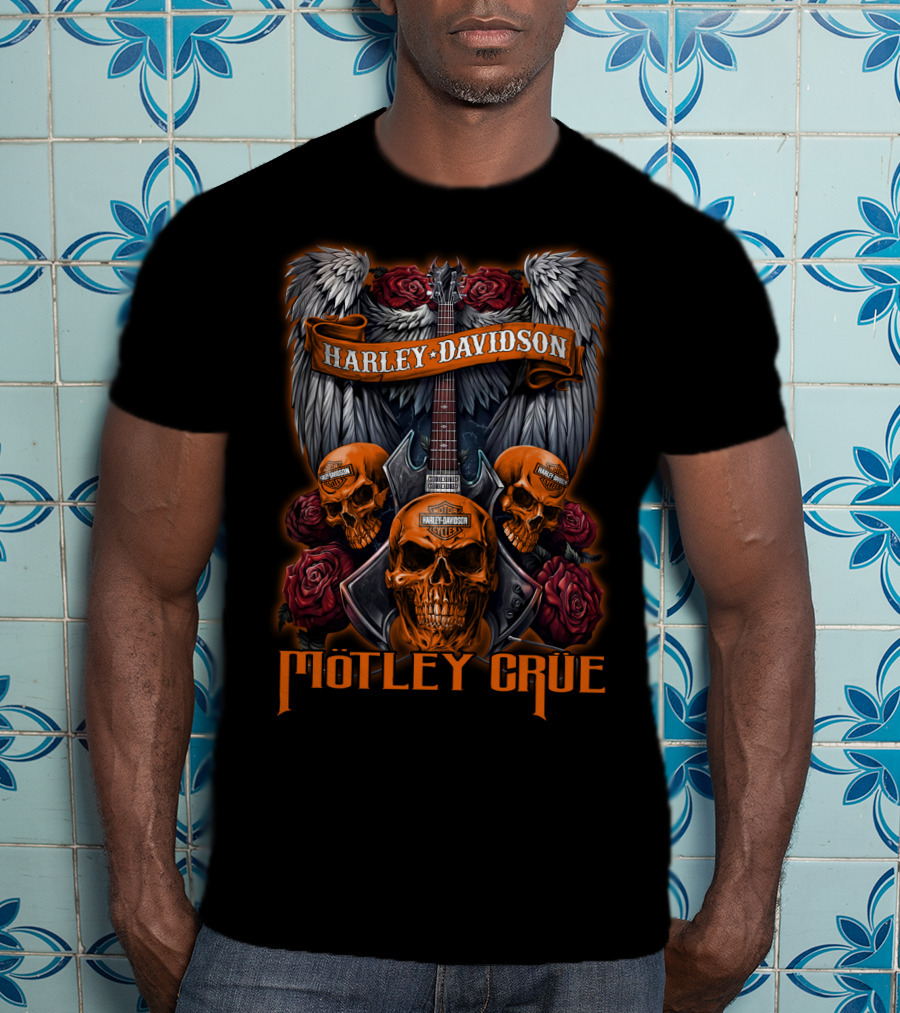 Mötley Crüe Harley Davidson Skulls And Guitar Wings Roses T-Shirt