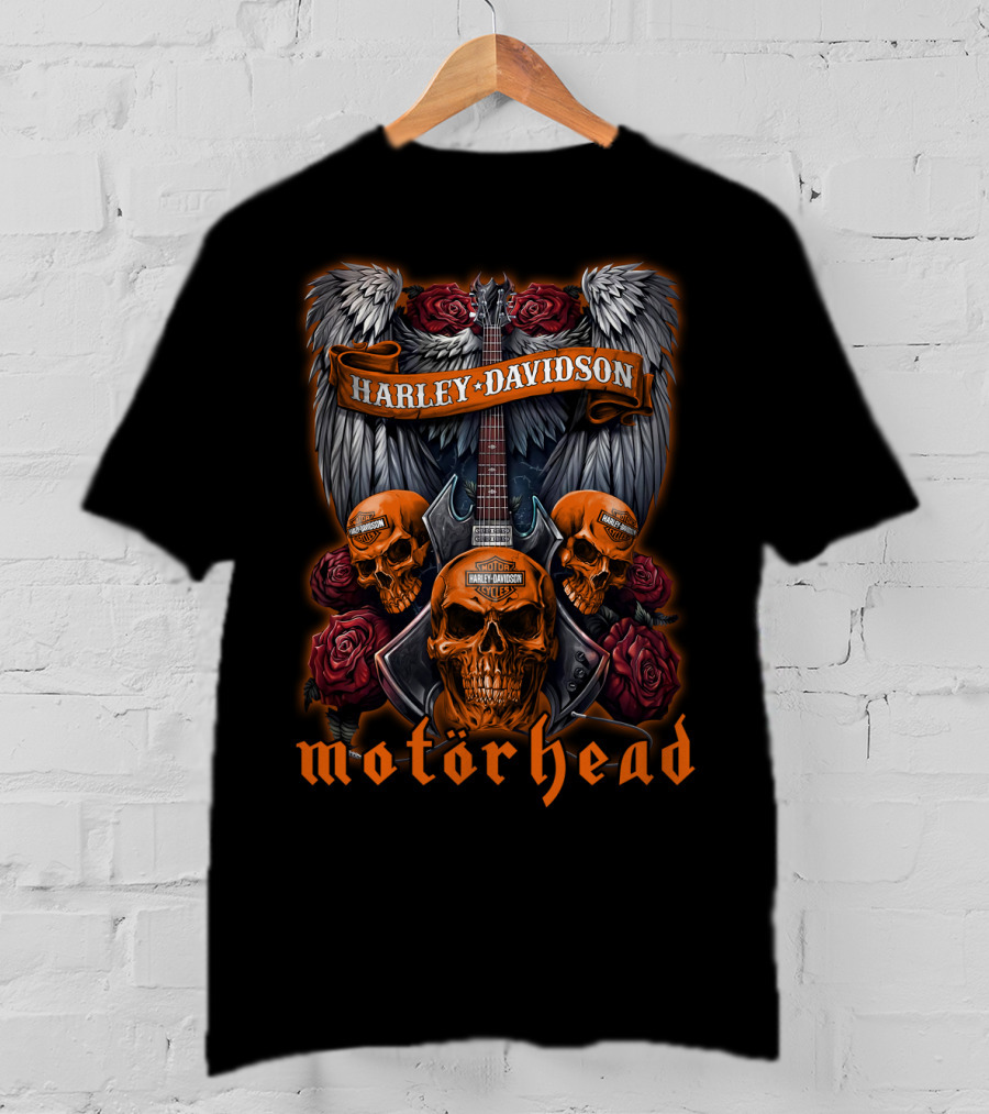 Motorhead Harley Davidson Skull Wings Guitar Roses T-Shirt