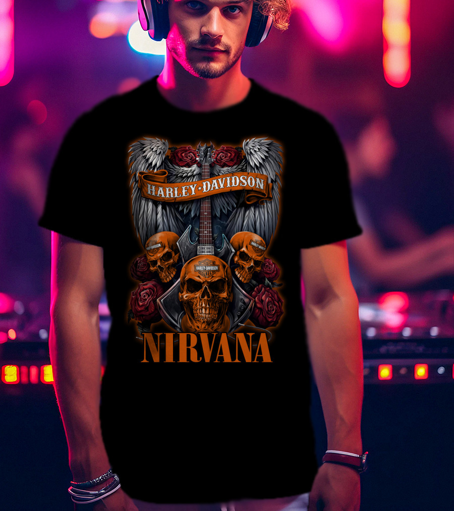 Nirvana Harley Davidson Skulls And Guitars With Wings And Roses T-Shirt