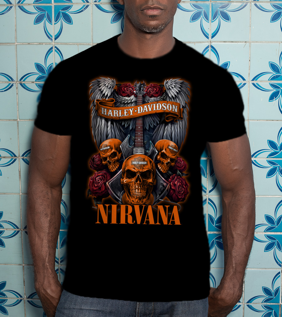 Nirvana Harley Davidson Skulls And Guitars With Wings And Roses T-Shirt