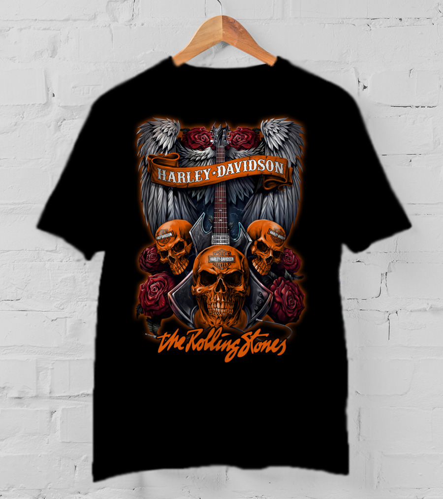 Harley Davidson The Rolling Stones Skull And Guitar Wings Roses 47Hd T-Shirt