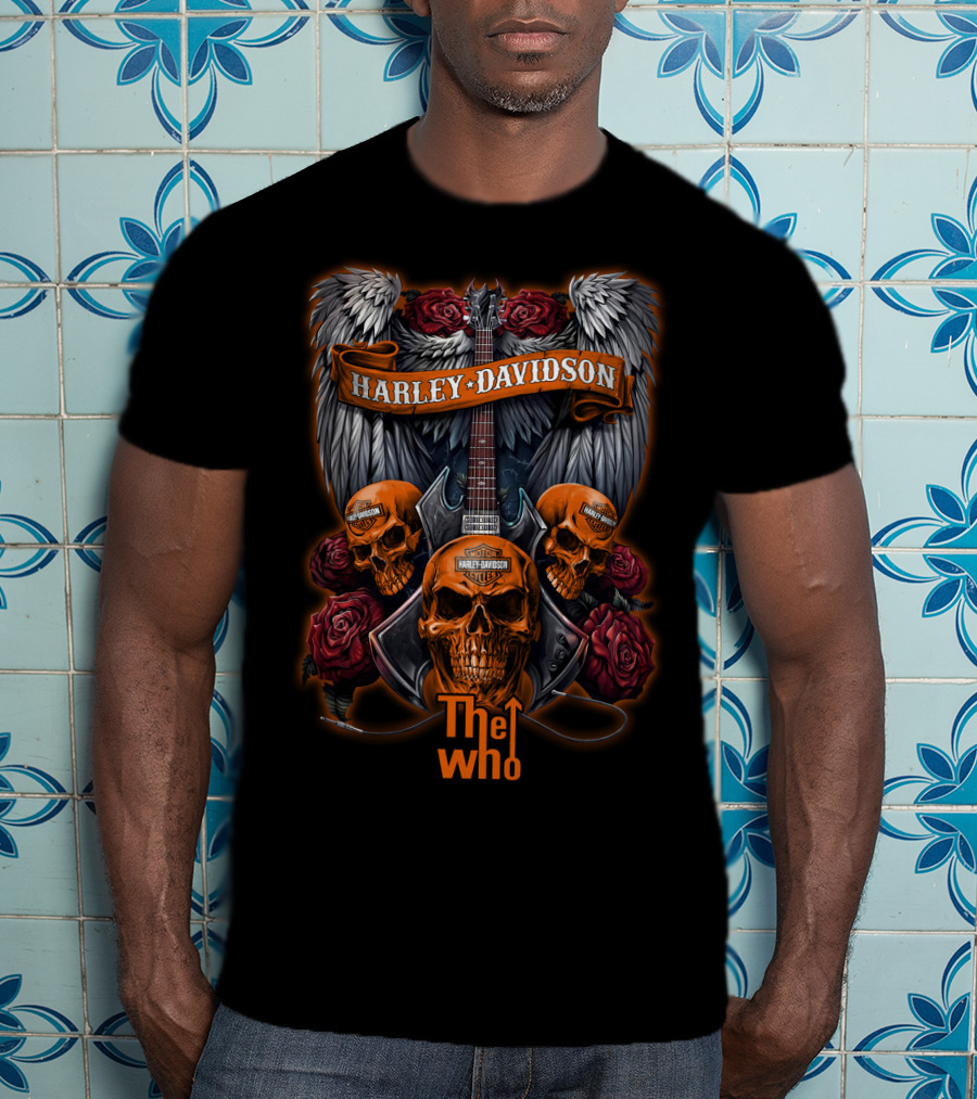 Harley Davidson The Who Skull Guitar Wings Roses T-Shirt