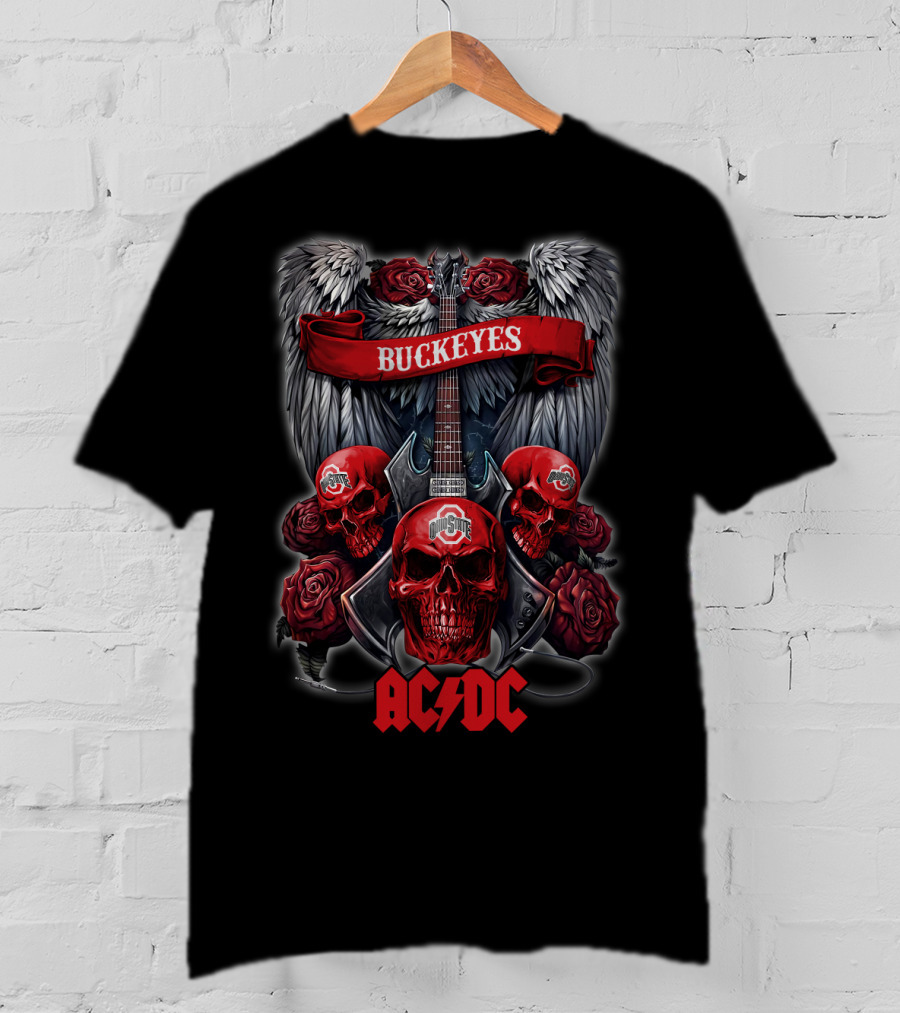 Ohio State Buckeyes ACDC Skull Wings Roses Guitar T-Shirt