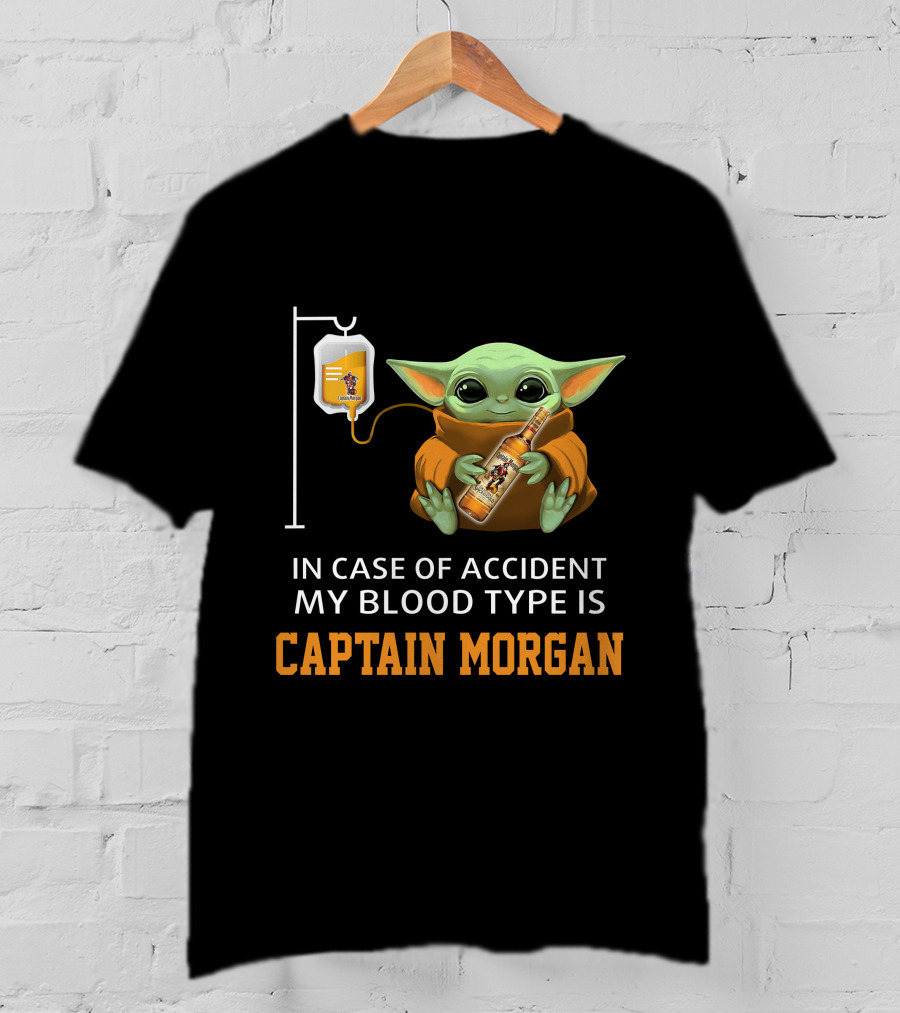 In Case Of Accident My Blood Type Is Captain Morgan Baby Yoda Holding Bottle T-Shirt