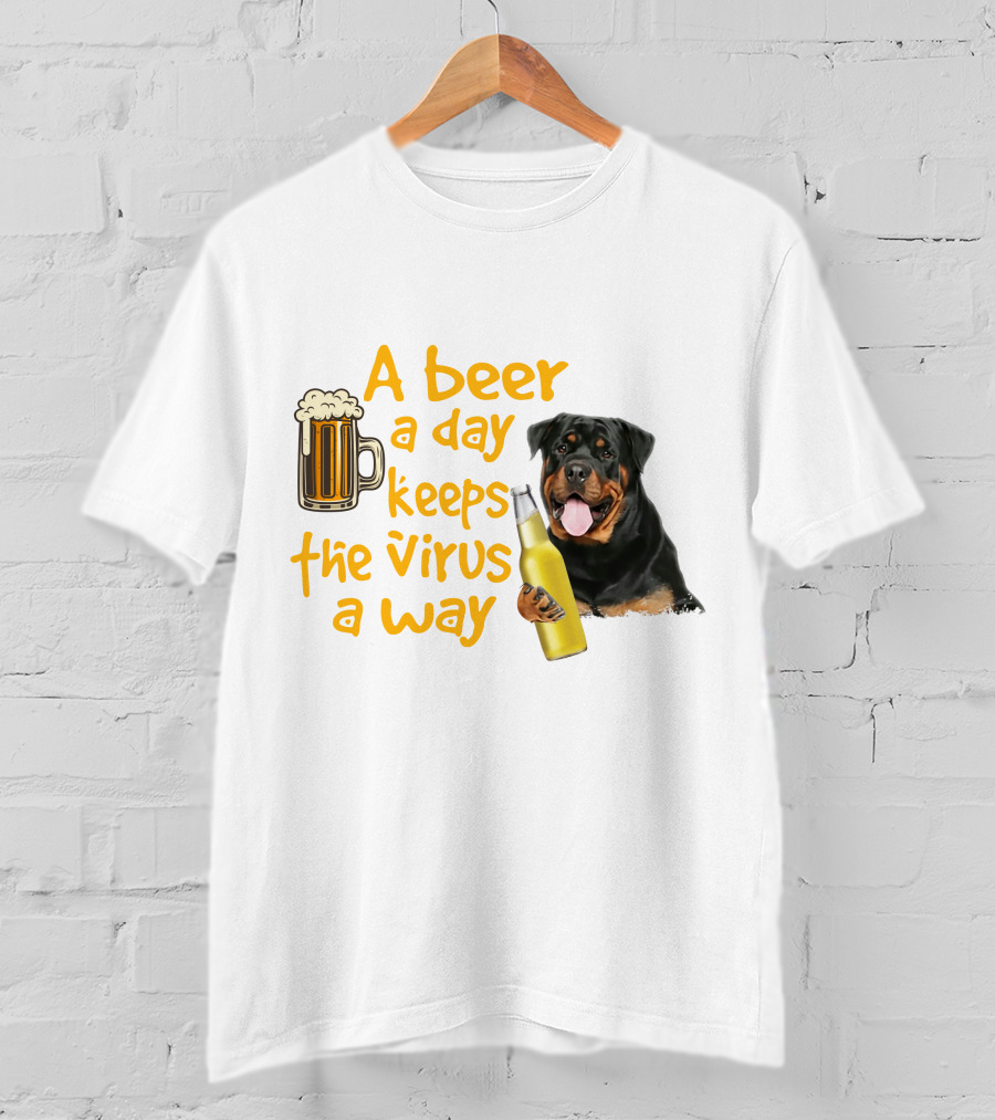 A Beer A Day Keeps The Virus Away With Rottweiler Holding Beer Bottle T-Shirt