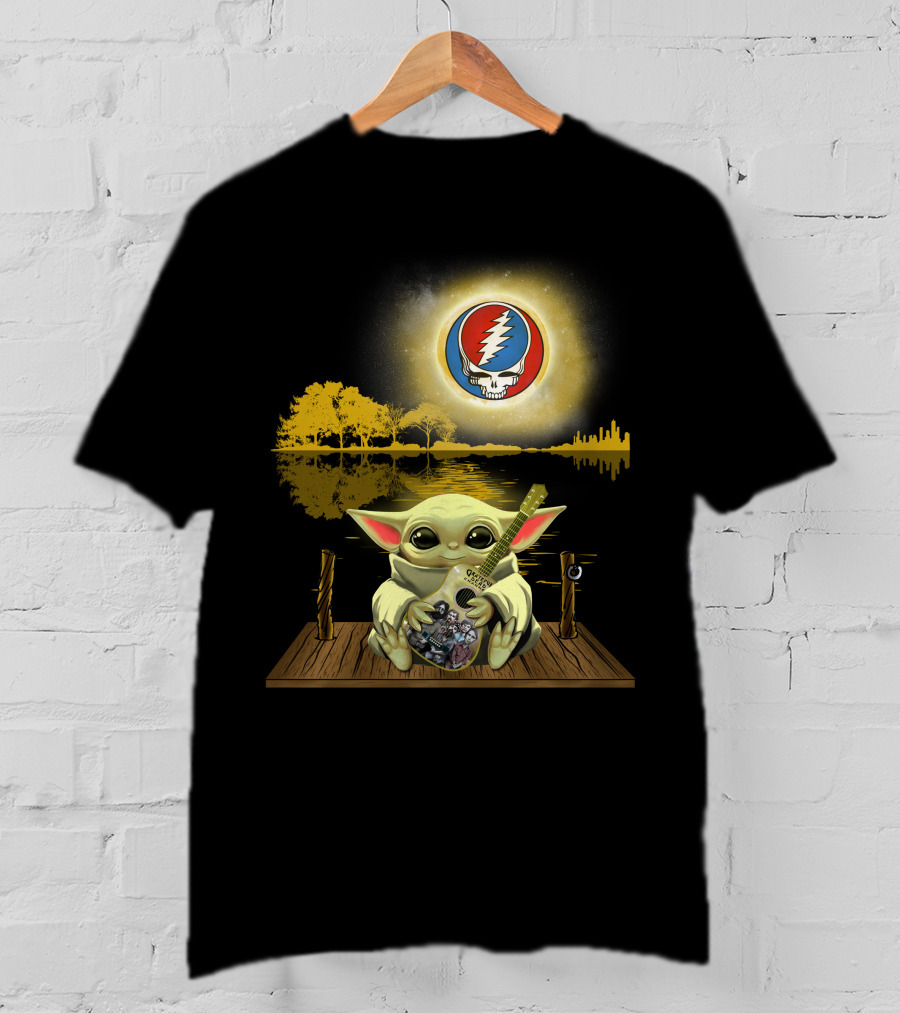 Grateful Dead Lightning Skull With Baby Yoda Playing Guitar On Dock And Sunset T-Shirt