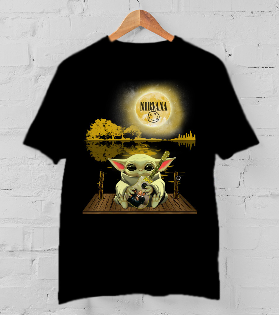 Nirvana Baby Yoda Playing Guitar Under Smiley Face Moon T-Shirt