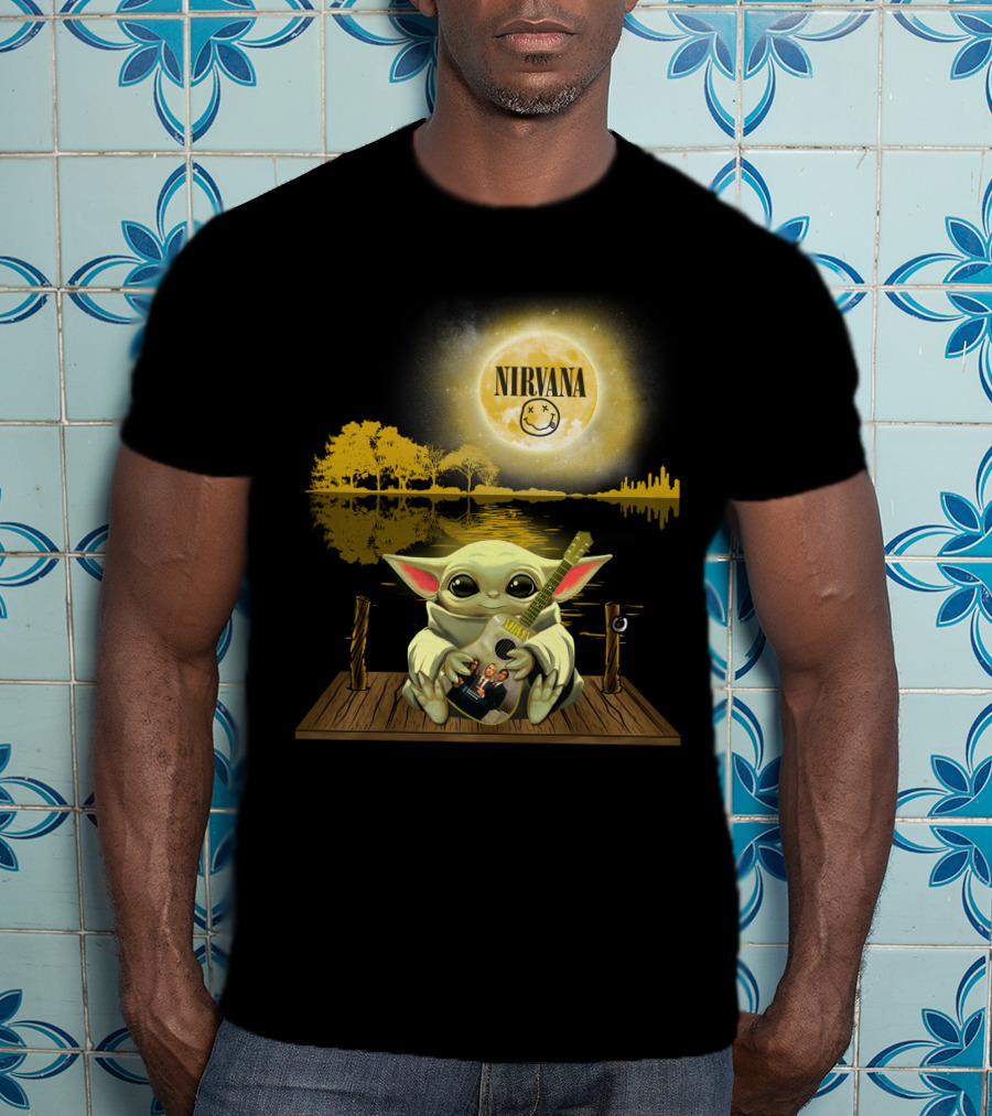 Nirvana Baby Yoda Playing Guitar Under Smiley Face Moon T-Shirt