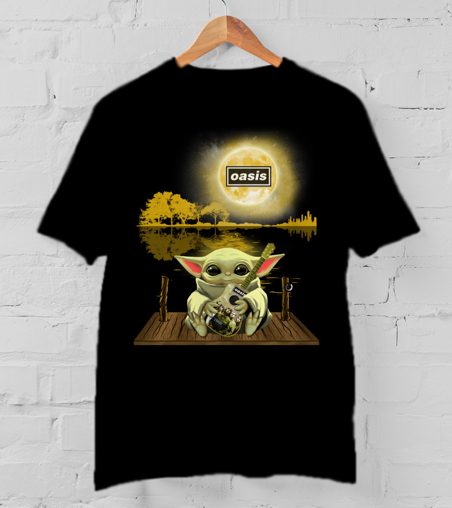 Oasis Moon And Baby Yoda With Guitar On Dock T-Shirt