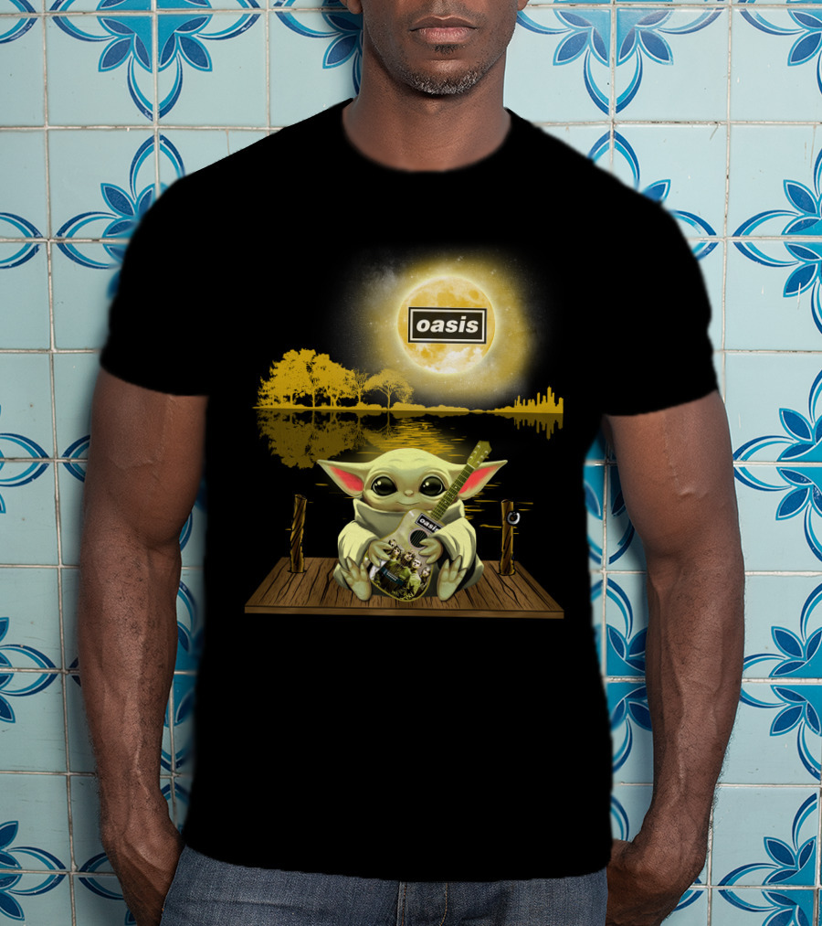 Oasis Moon And Baby Yoda With Guitar On Dock T-Shirt