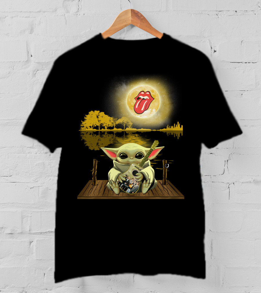 The Rolling Stones Tongue Logo And Baby Yoda With Guitar Under Moonlit Sky Trees And Lake Reflection T-Shirt