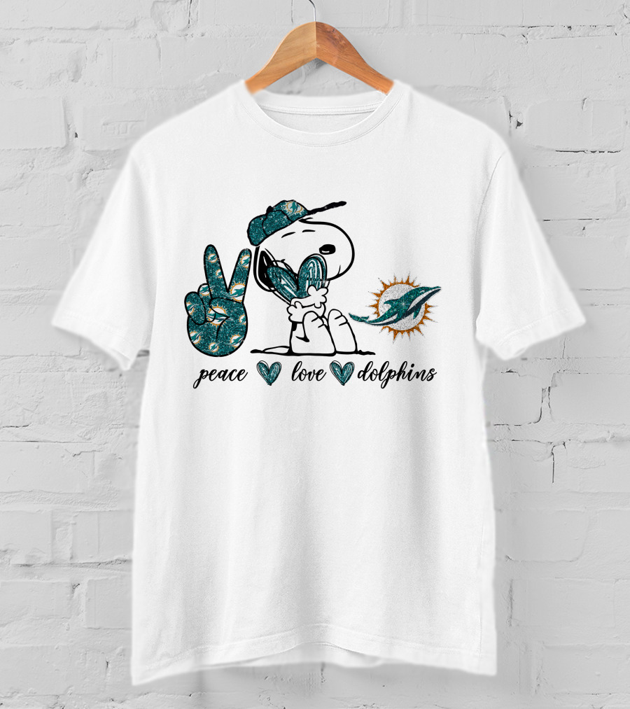 Peace Love Miami Dolphins Snoopy Fan Art Football T-Shirt