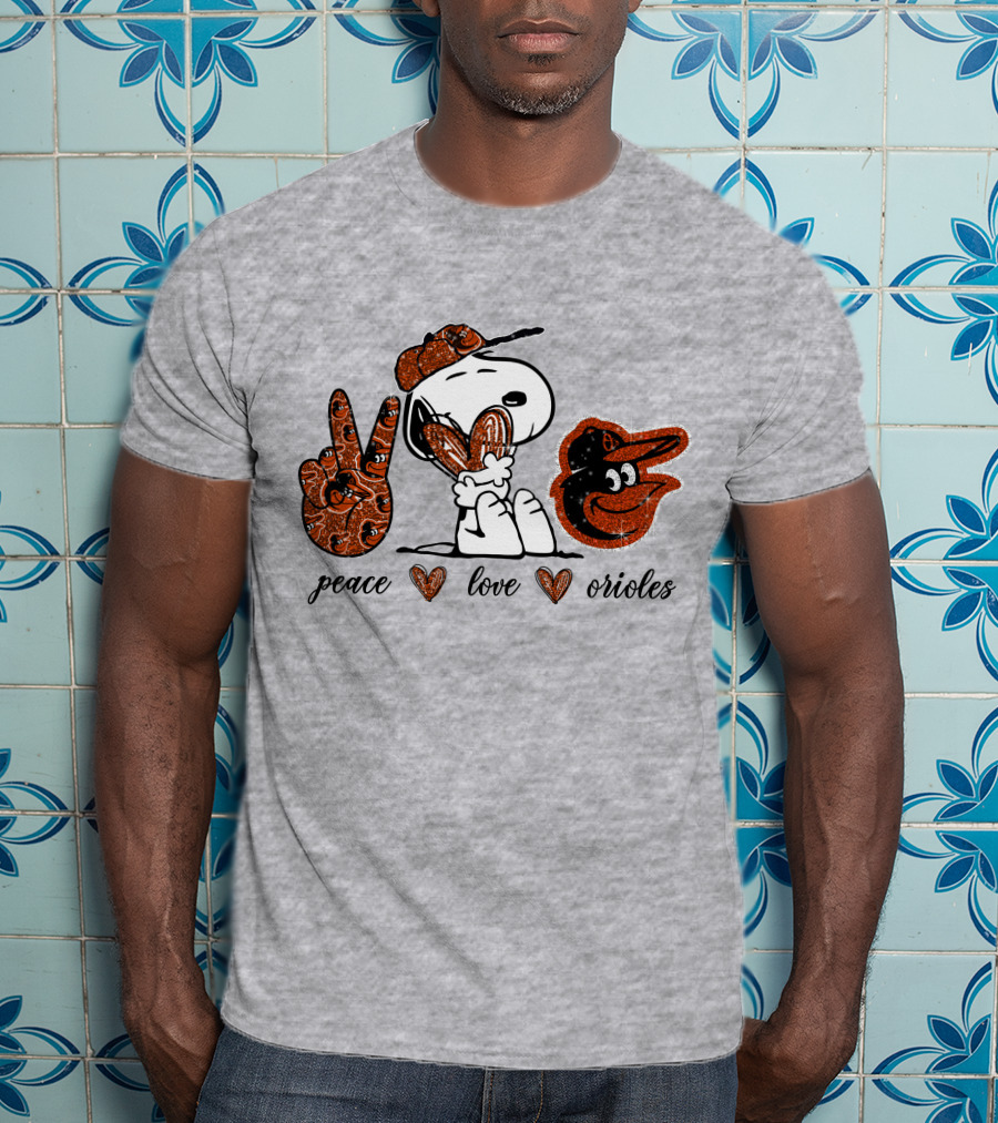 Peace Love Orioles Snoopy Style Baltimore Orioles T-Shirt