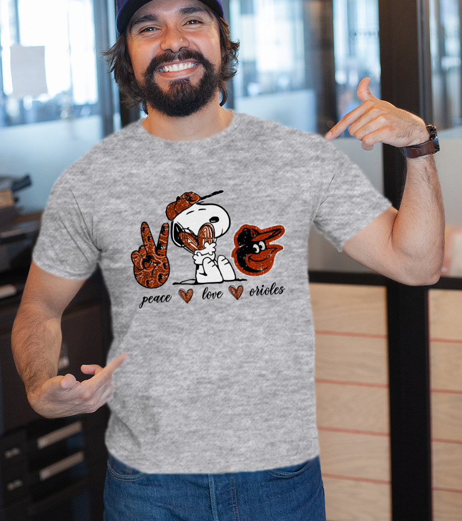 Peace Love Orioles Snoopy Style Baltimore Orioles T-Shirt