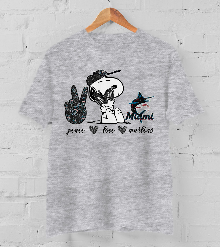 Peace Love Miami Marlins Snoopy Baseball Fan T-Shirt