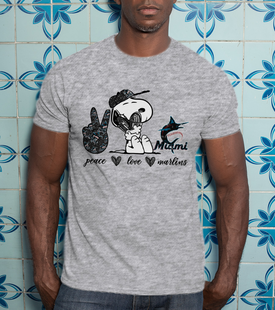 Peace Love Miami Marlins Snoopy Baseball Fan T-Shirt