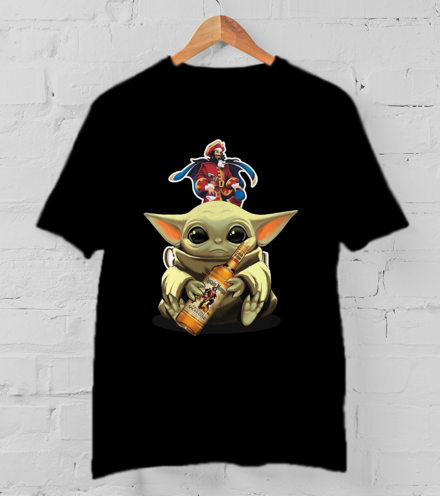 Baby Yoda Holding Captain Morgan Spiced Rum Bottle T-Shirt