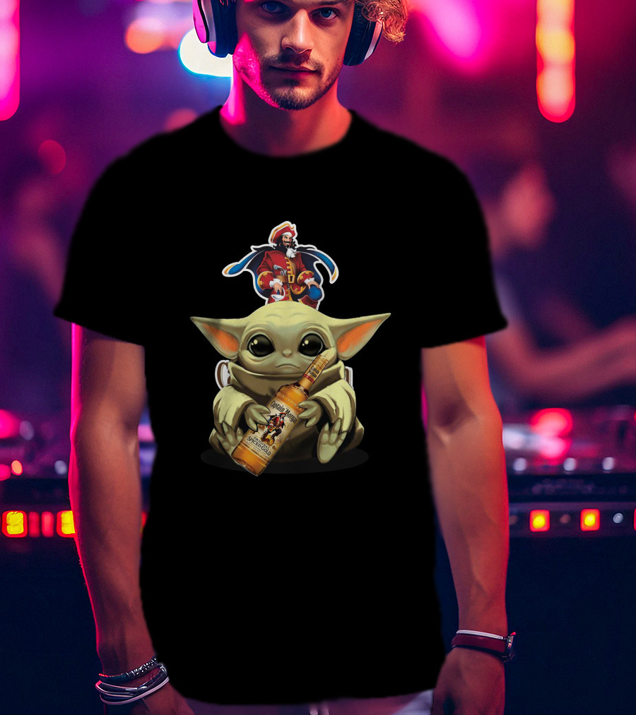 Baby Yoda Holding Captain Morgan Spiced Rum Bottle T-Shirt