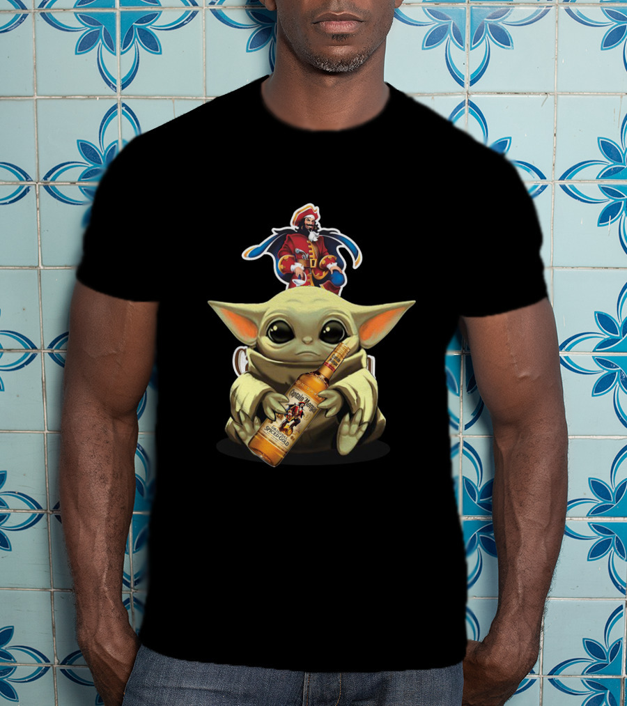 Baby Yoda Holding Captain Morgan Spiced Rum Bottle T-Shirt