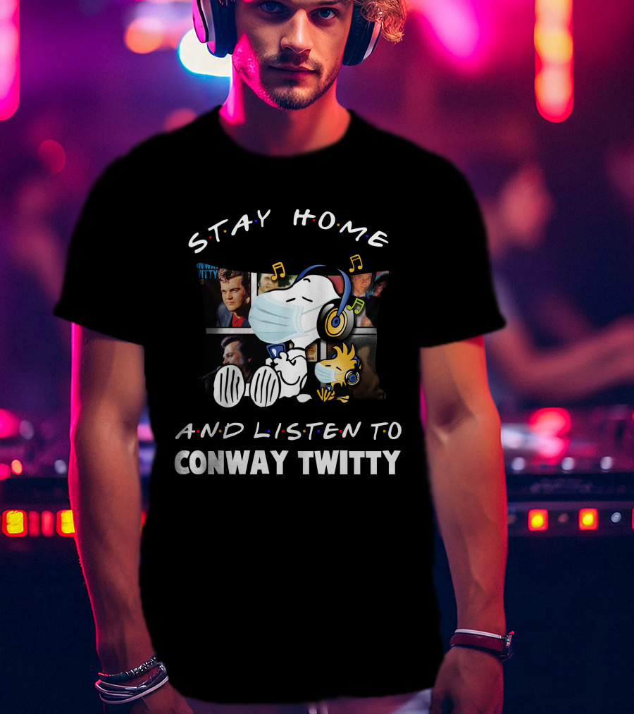 Stay Home And Listen To Conway Twitty Snoopy Wearing Headphones And Mask T-Shirt