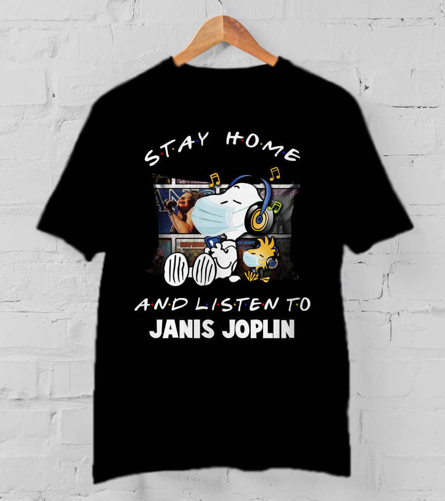 Stay Home And Listen To Janis Joplin Snoopy Relaxing With Mask And Headphones T-Shirt